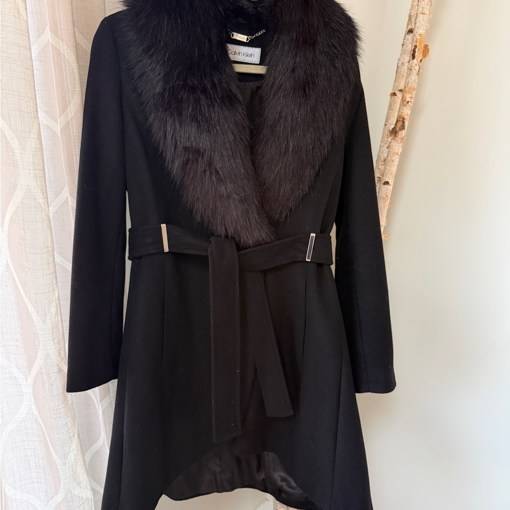 Calvin Klein Black Coat with Plush Collar